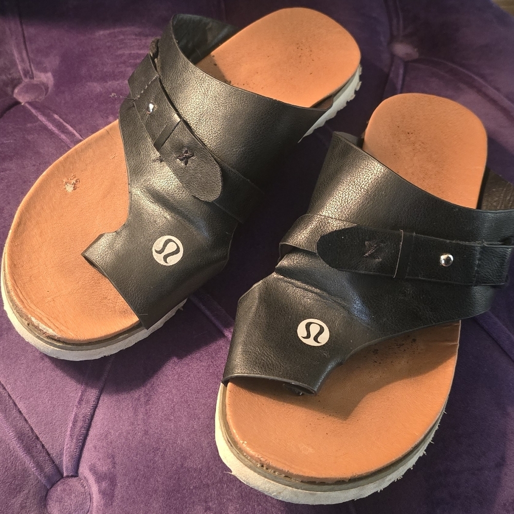 lululemon athletica Black Leather Slide Sandals with Tan Footbed